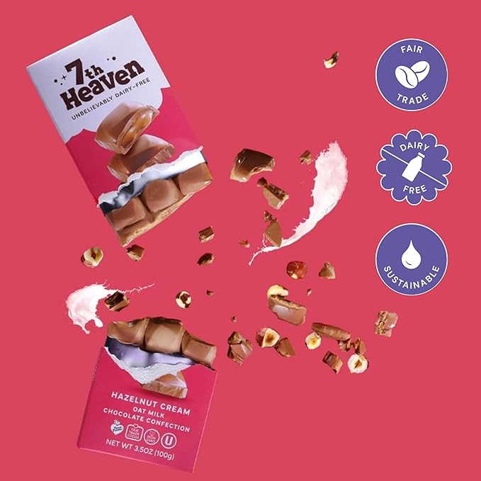 7th Heaven Vegan Oat Milk Chocolate Bars: Hazelnut Cream - (3.5 oz - 4 Pack) Healthy Chocolate Perfect Valentines Gift For Your Loved Ones 100% Dairy Free Non GMO Kosher Parve Cruelty Free Fai