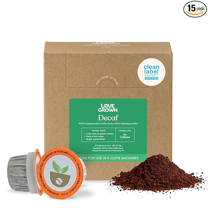 Love Grown Compostable Coffee Pods - Compatible With Most Major Coffee Pod Brewer - 100% Arabica Plastic-Free Non-GMO - Decaf Box of 15