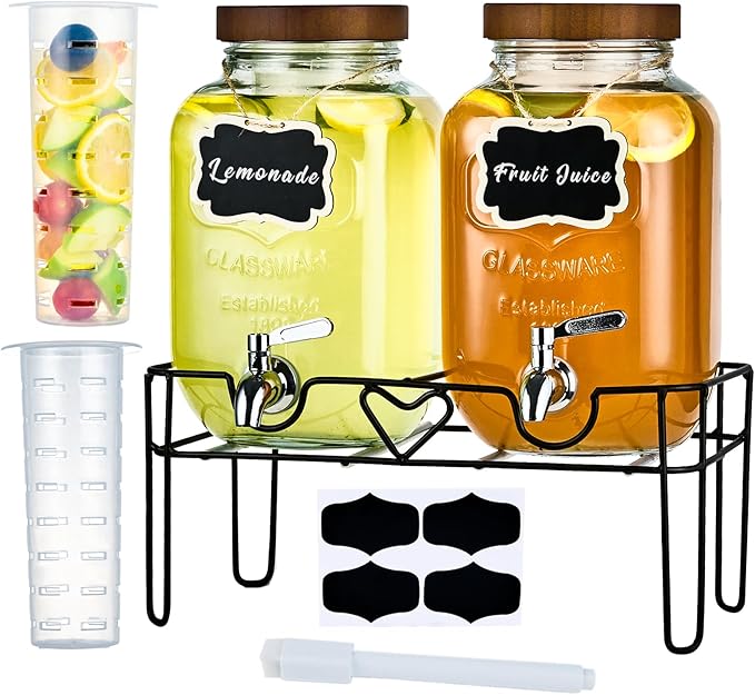 2 Pack1Gallon Glass Drink Dispenser with Stand&ampBamboo Lids&ampFruit Infuser304 Stainless Steel Leak-Proof SpigotBeverage Dispenser for PartiesWater Sangria Juice Sun Tea Lemonade(Brown)