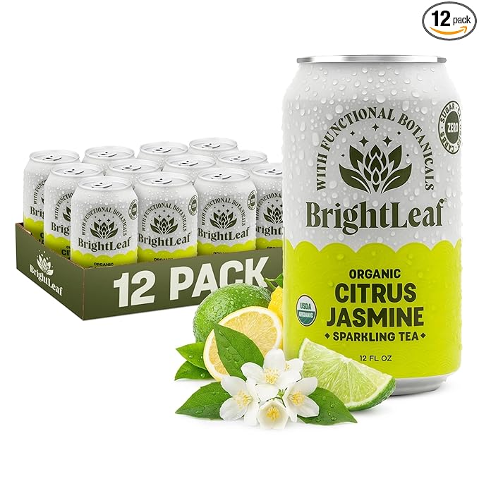 BrightLeaf Citrus Jasmine Sparkling Tea with Functional Benefits for Light Energy – Regenerative Organic Lightly Caffeinated Functional Tea Zero Sugar Zero Calories Zero Sweeteners – 12oz Cans 12