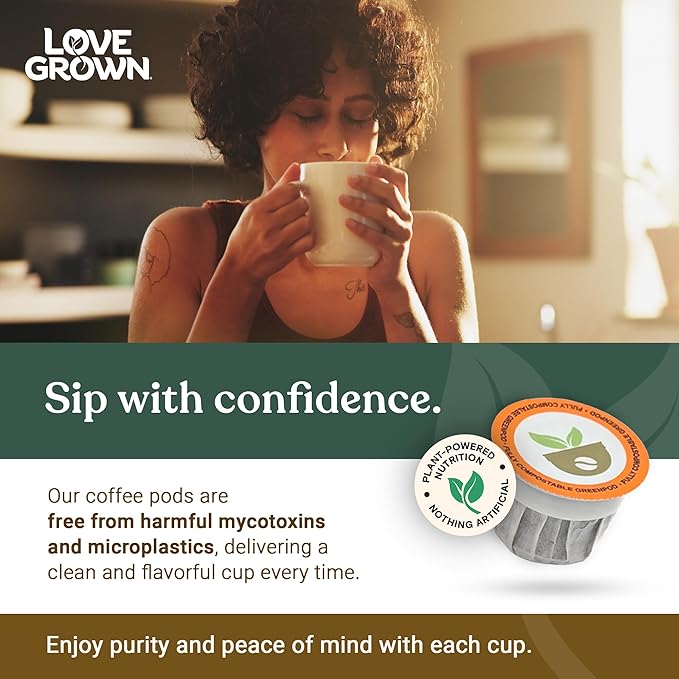 Love Grown Compostable Coffee Pods - Compatible With Most Major Coffee Pod Brewer - 100% Arabica Plastic-Free Non-GMO - Dark Roast Box of 15