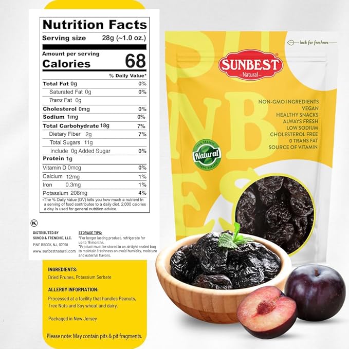 Sunbest Natural Dried Pitted Prunes 3 lbs – Unsweetened Jumbo Dried Plums – Juicy Healthy Snack Rich in Fiber &amp Potassium for Digestive Health (48oz)