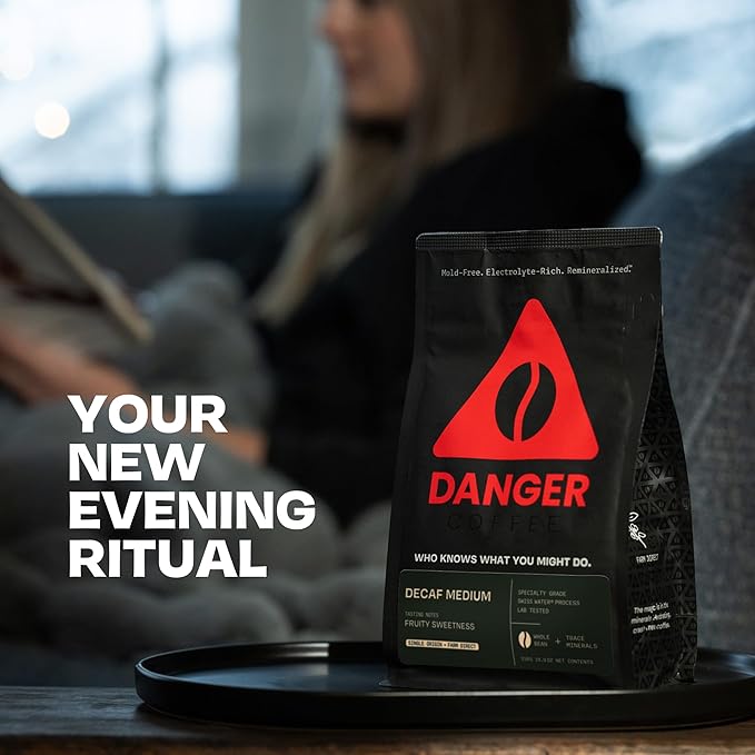 Danger Coffee by Dave Asprey Remineralized Mold Free &amp Lab Tested Swiss Water Decaf Whole Bean Coffee Medium Roast Decaffeinated 10.9 Ounce