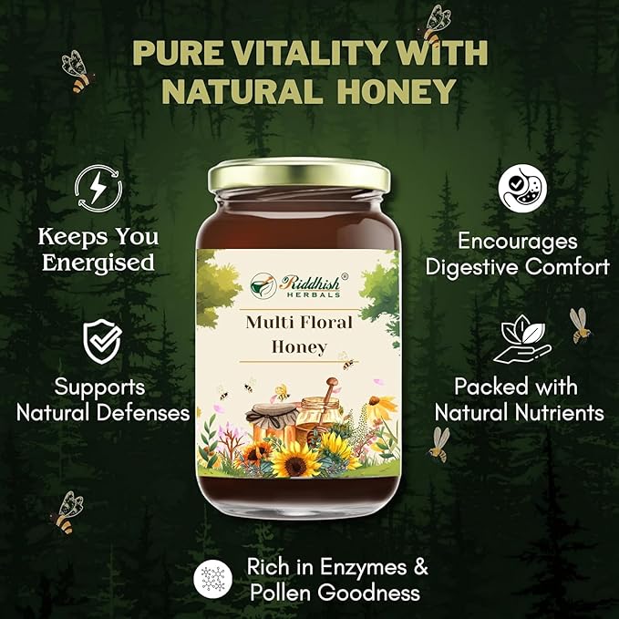 Riddhish Herbals Multi Floral Honey | 100% Natural Wild Forest Honey | Raw &amp Unprocessed | Rich in Enzymes &amp Pollen | No Added Sugar | Pure &amp Natural Honey