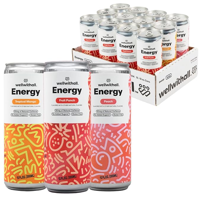 WellWithAll Energy Drink Variety Pack Fruit Punch Tropical Mango Peach Flavors Caffeine from Tea With Vitamin C Lightly Sparkling Beverage Juice Blend 12 oz 12-Pack