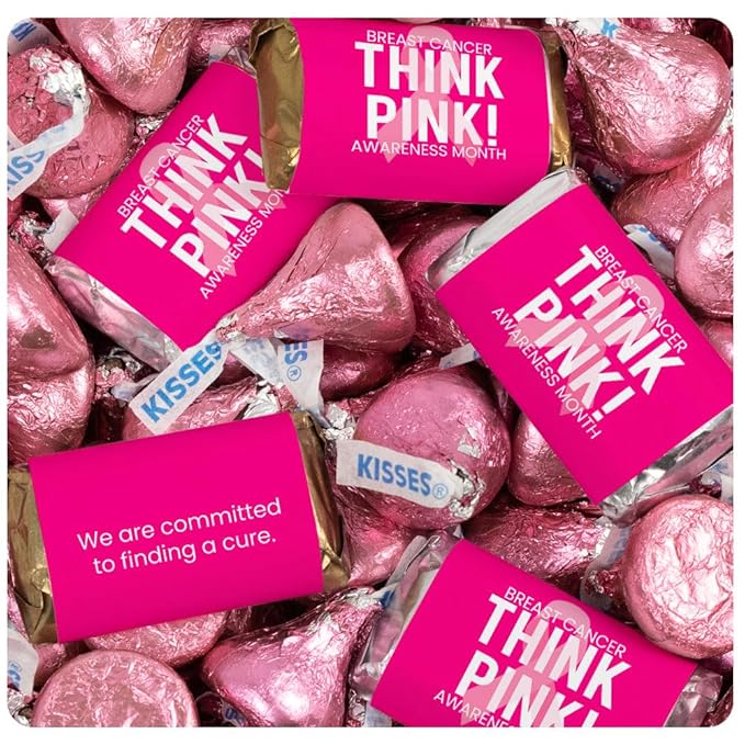 496 Pcs Breast Cancer Awareness Candy Gifts &amp Favors Wrapped Miniatures and Kisses - Think Pink Ribbon (6.1lb Case)