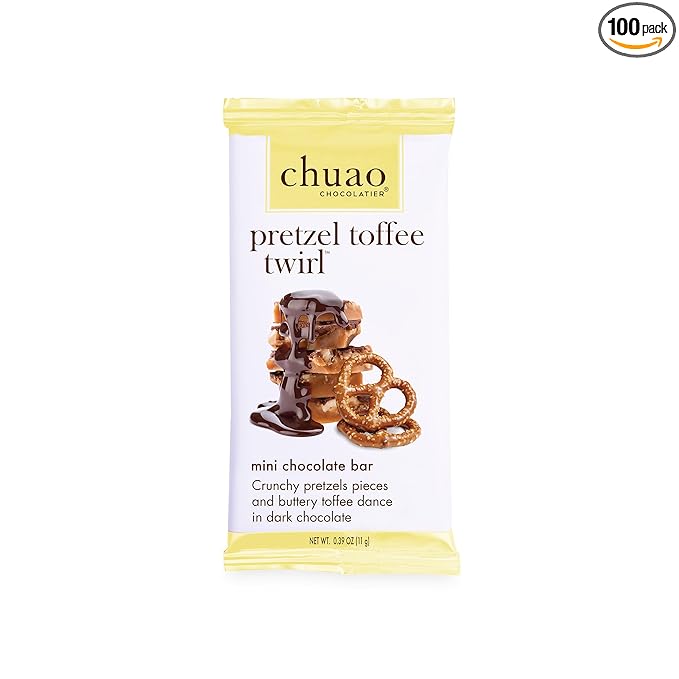 Chuao Chocolatier Pretzel Toffee Twirl Gourmet Dark Chocolate Mini Bars | For Gift Baskets Birthday Thank You Care Package | 100 Pack 0.39 oz Each