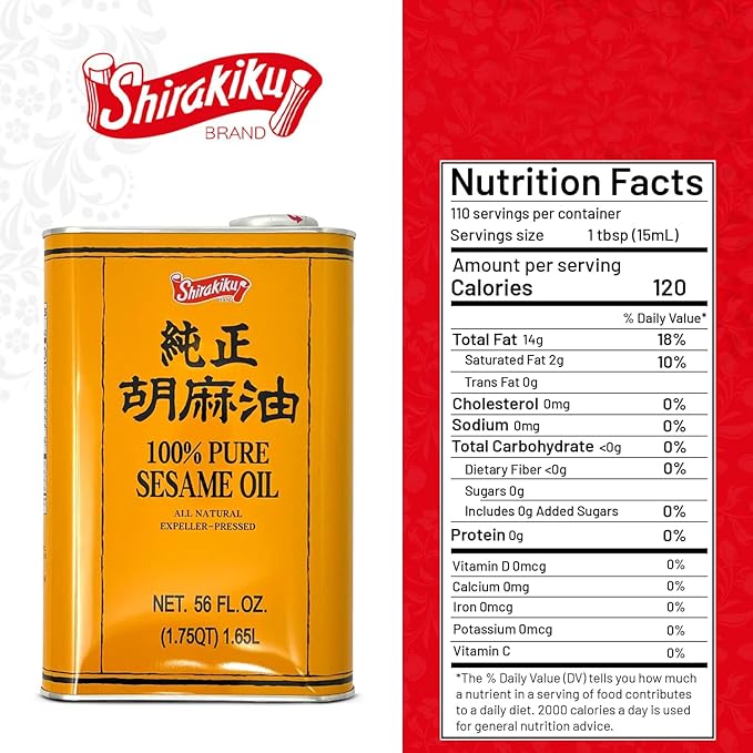 Shirakiku Pure Japanese Sesame Seed Oil - Premium Low Carb Expeller Pressed and Rich Flavor Natural Sesame Seed Oil - Perfect for Authentic Oriental Asian Cuisine (Toasted) - 56 Fl Oz