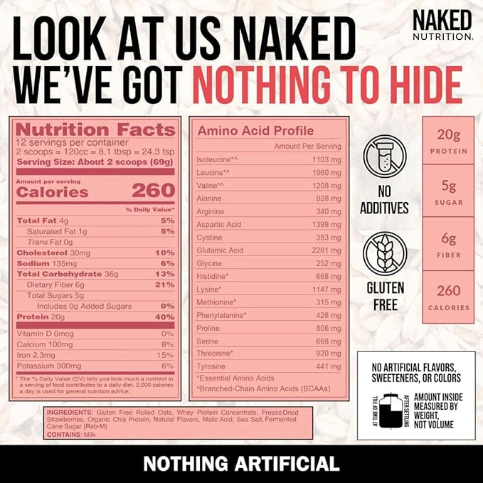 Naked Oats - Strawberry Cream Overnight Oats 20g Grass-Fed Protein Gluten-Free Oatmeal Instant Breakfast or Shake High Protein Oatmeal High Fiber Breakfast Shake Non GMO No Soy - 12 Servings