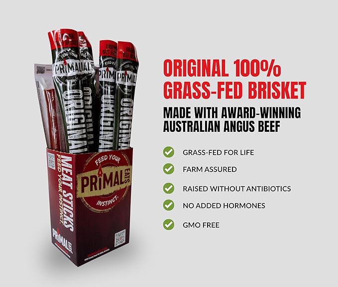 Primal Eats Original 100% Grass Fed Beef Brisket Meat Sticks 3oz 10-Pack - 19g Lean Meat Protein Keto Paleo Carnivore Gluten Free Zero Sugar Beef Jerky Snack Stick
