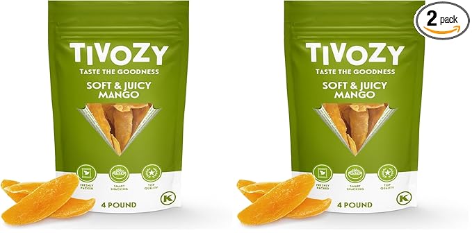 Dried Mango Slices - 4 Pound Bulk Pack Soft &amp Juicy Sweet Dried Mango Healthy Snack Delicious Texture Chewy Ripened Mangos Dried Fruits with Natural Tangy Sweetness of Fresh Mangoes. (Pack of 2