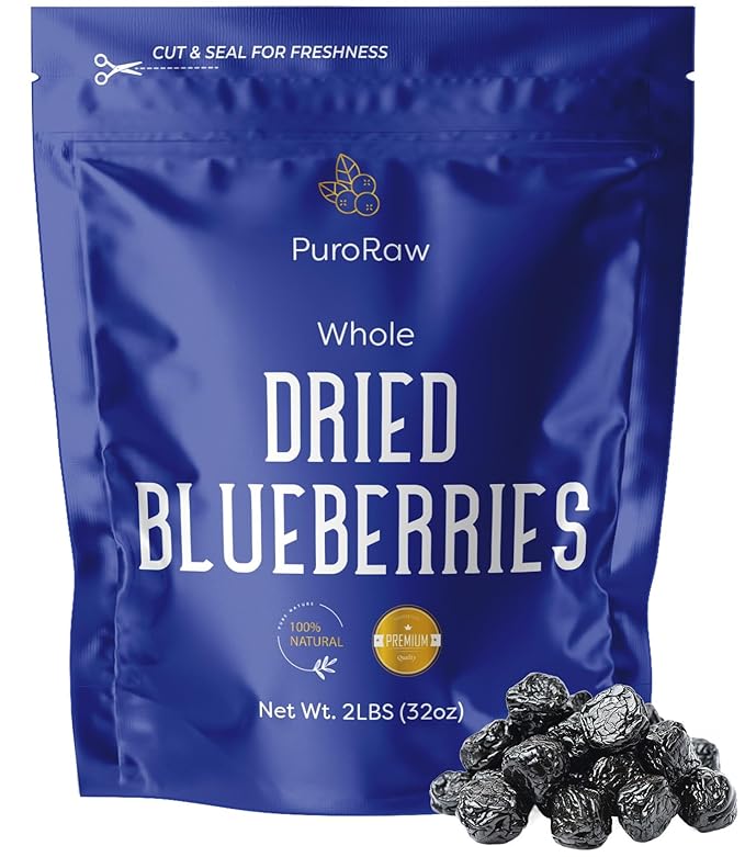 PuroRaw Dried Blueberries No Sugar Added 2 lbs. Blue Berries Fruit Dehydrated Blueberries Fresh Dried Blueberries Bulk Blueberry Raisins. All Natural Non-GMO Batch Tested 2 pounds