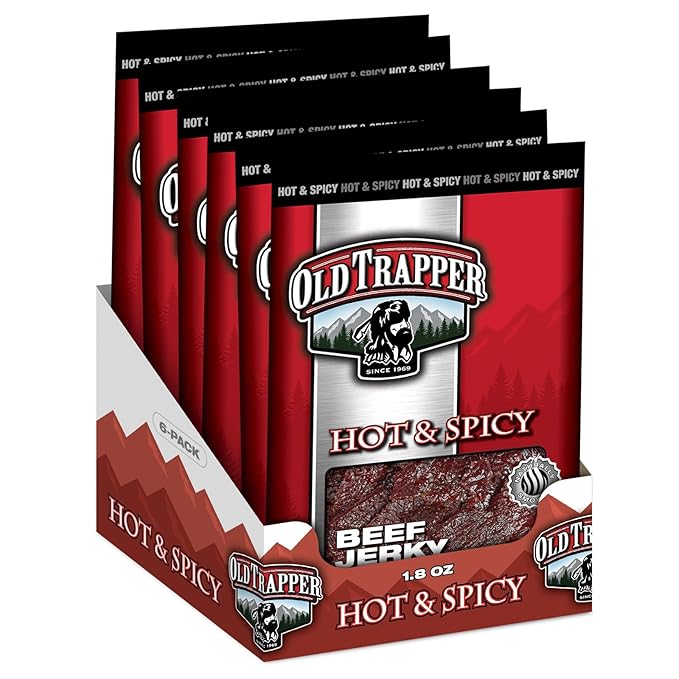 Old Trapper Beef Jerky Hot &amp Spicy 1/4-Pound Individual Package Savory and Spicy Meat Snacks for Lunches or Between Meals 11 Grams of Protein and 70 Calories per Serving (Pack of 8)