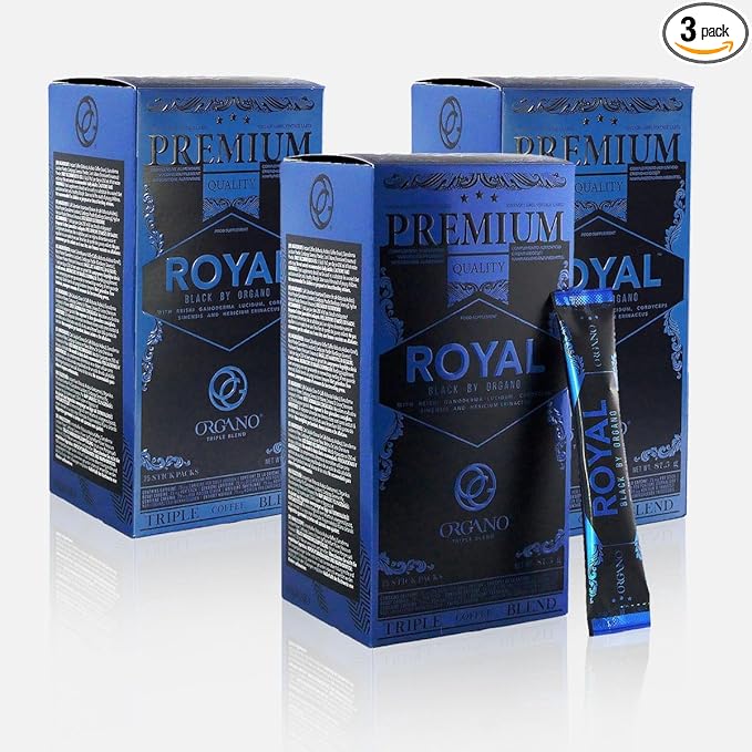 3 Boxes ORGANO Royal Black Medium Dark Roast Instant coffee. Infused with Triple Mushroom Blend Ganoderma Cordyceps and Lion's Mane. Aromatic and flavorful Ground Coffee Beans (75 Sachets)