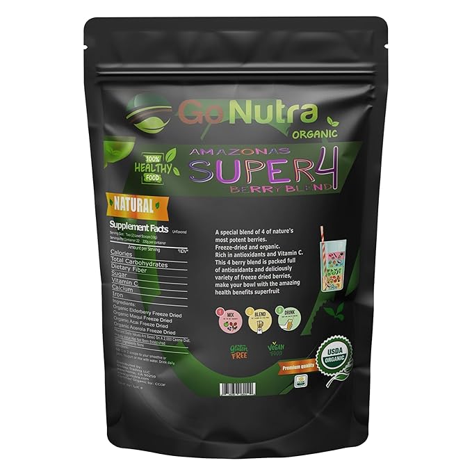 Go Nutra Organic Freeze Dried Acai Berry Blend for Bowls | Superfood Smoothie Mix with 4 Immune Boosting Berries | Acai Maqui Elderberry Acerola | Antioxidant Freeze Dried Berries 15 Servings 8oz