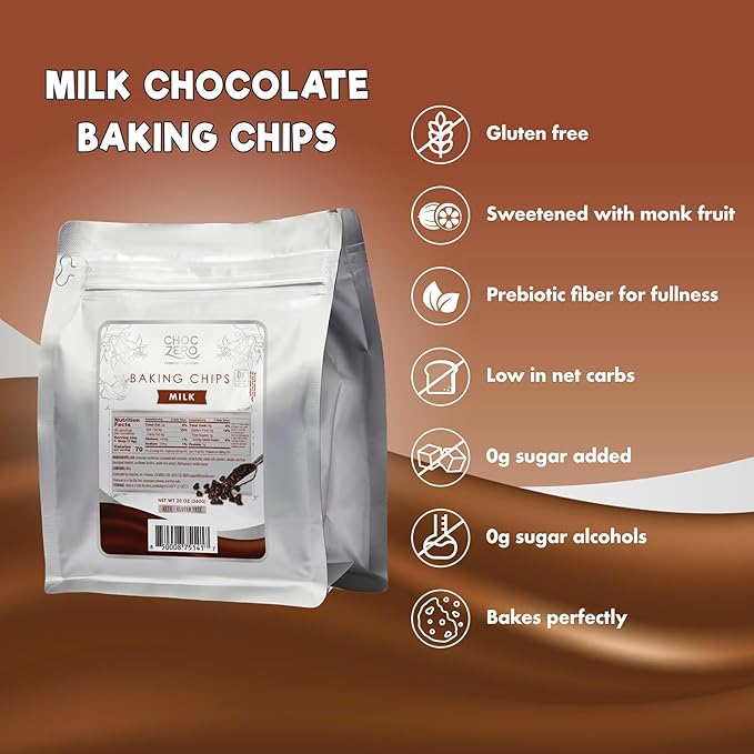 ChocZero Milk Chocolate Chips No Added Sugar Keto &amp Low Carb Gluten Free No Sugar Alcohols 20 oz Bag for Baking &amp Desserts