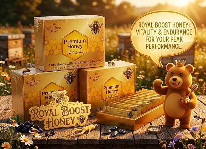 Royal Boost Honey Sachets Herbal Vitality &amp Energy Support Organic Honey with Bee Pollen &amp Herbal Blend Large Pack of 12 Sachets – Single Serve 20g Individually Sealed Honey Packs