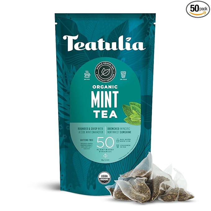 Teatulia Organic Mint Tea Bags (50 Pyramid Sachet Teabags) Sustainably Grown Spearmint + Peppermint in Washington USA. Herbal Caffeine-Free Blend