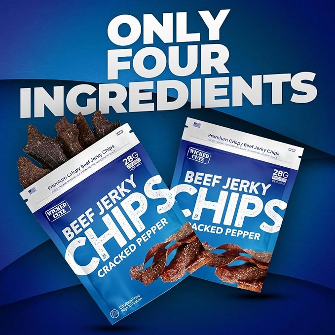 Wicked Cutz Cracked Pepper Beef Jerky Chips 28g Protein per Bag Crispy &amp Crunchy Beef Jerky Crisps USA Made Pepper Flavored Chips High Protein Carnivore Snacks (4 Bags)