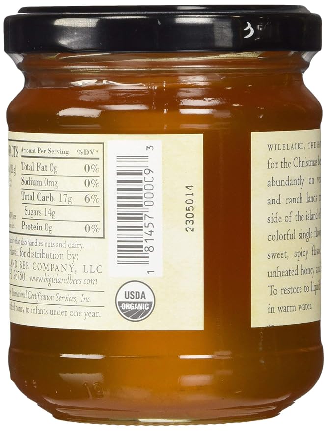 Organic Wilelaiki (Hawaiian Christmas Berry) Raw Honey Single Floral Variety by Big Island Bees (9 oz Glass Jar)