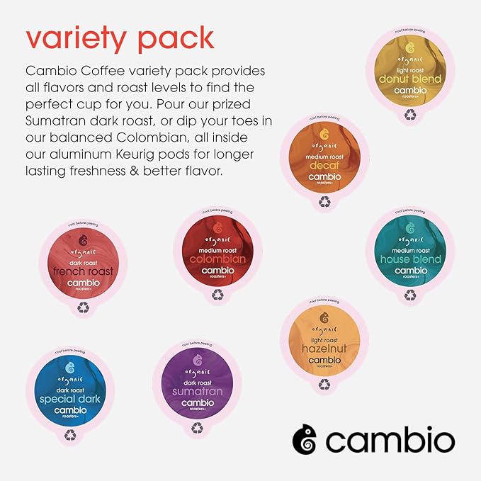 Cambio Roasters Organic Coffee Pods Variety Pack – Includes Light Roast Dark Roast and Decaf Aluminum Coffee Pods Compatible with Keurig® Small Batch Roasted Long-Lasting Freshness 32 Count