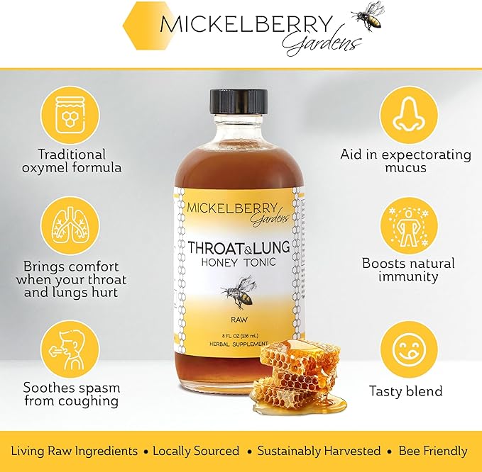 Mickelberry Gardens Throat &amp Lung Honey Tonic: Wellness Syrup Natural Sore Throat Relief Immune Support &amp Cough Suppressant for Adults &amp Kids (8 oz)
