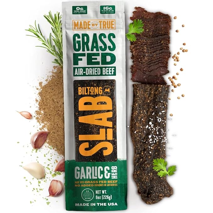 Made by True Garlic &amp Herb Biltong Slab - Grass-Fed Beef Whole Jerky Slab (8 oz Pack of 1) - High-Protein Keto Snack Natural Antibiotic-Free &amp Gluten-Free - Uncut Beef Jerky with Bold Garli