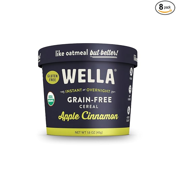 Wella Cereal Oatmeal Alternative Gluten-Free Breakfast Hot Cereal Grain-Free Paleo Organic Vegan High Protein Superfood Plant-Based Non-GMO Low in Net Carbs Single-Serve Cups Apple Cinnamon Flav