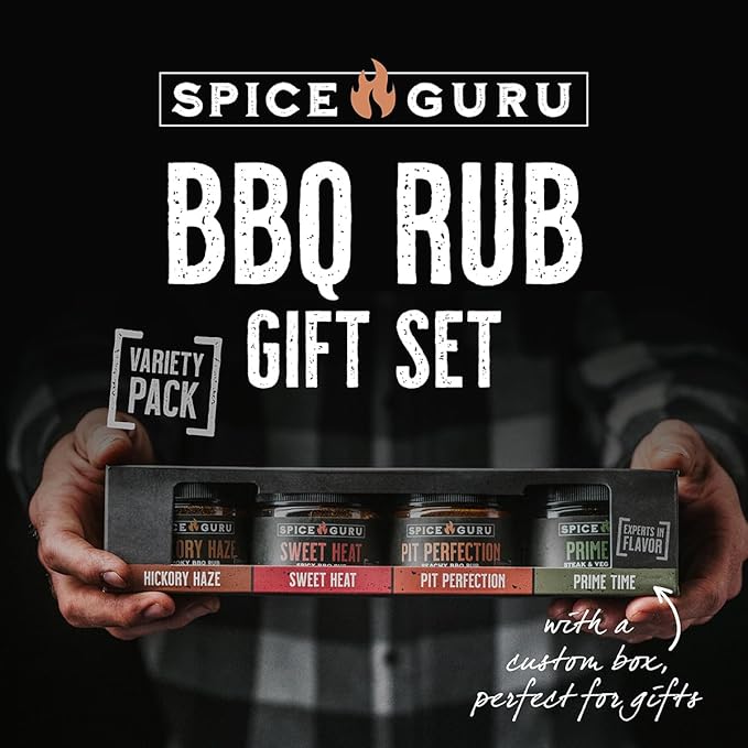 Spice Guru BBQ Rub Gift Set – 4 Flavor Barbecue Seasoning Sampler – Mens Christmas Gifts for Dad Husband or Brother – Premium Grilling Spices &amp Holiday Gift Set for Grill Lovers - Grill Accessori