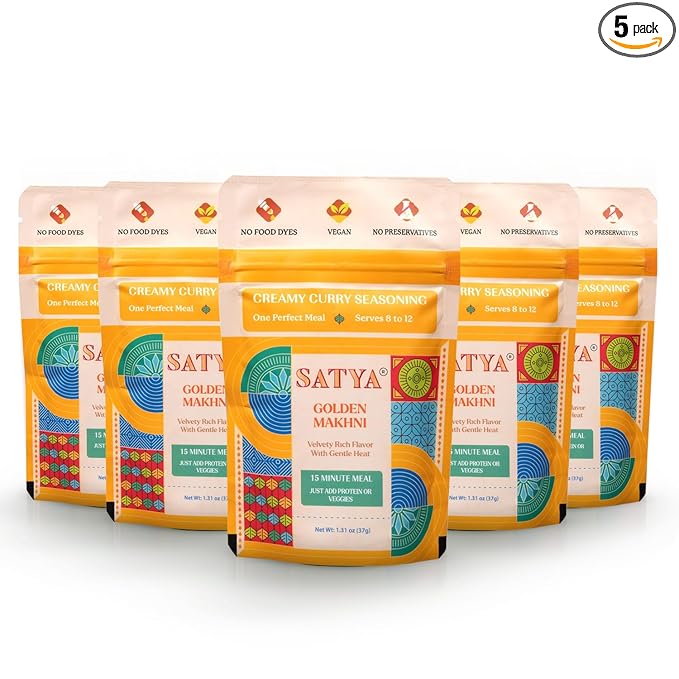 Satya Butter Chicken Creamy Curry Seasoning Mix Powder 1.31 oz Sachets (Pack of 5-185gm) – Golden Makhni Curry Masala for Protein Chicken &amp Vegetables - Vegan Gluten &amp Dye Free Low Sodium I