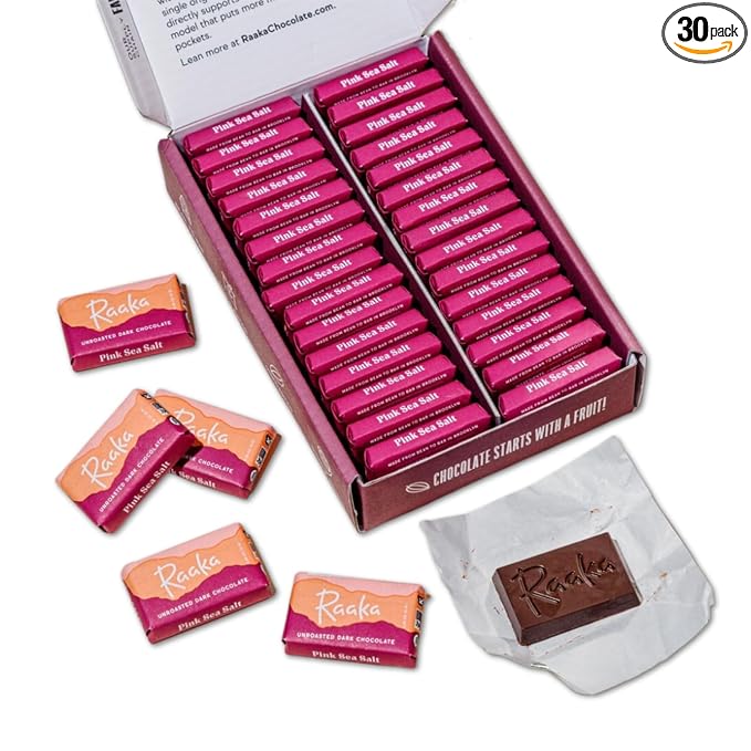 Raaka Pink Sea Salt Chocolate Gift Box | 71% Cacao Dark Chocolate | Organic Vegan Gluten Free | Box of 30 Individually Wrapped Chocolates
