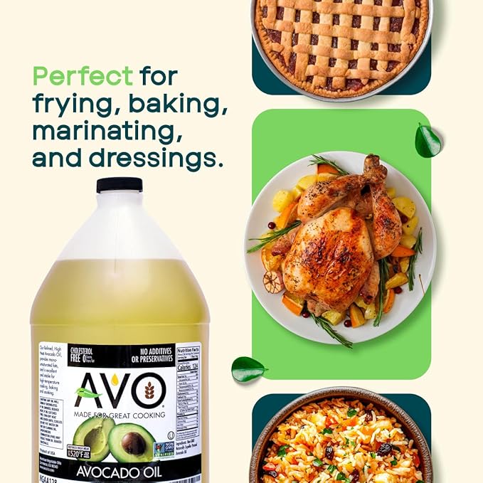 AVO Bulk Avocado Oil for Cooking 1 Gallon (128 fl oz) Non-GMO Certified No Preservatives High Smoke Point 500°F Neutral Flavor Gluten-Free Plant-Based OU Kosher