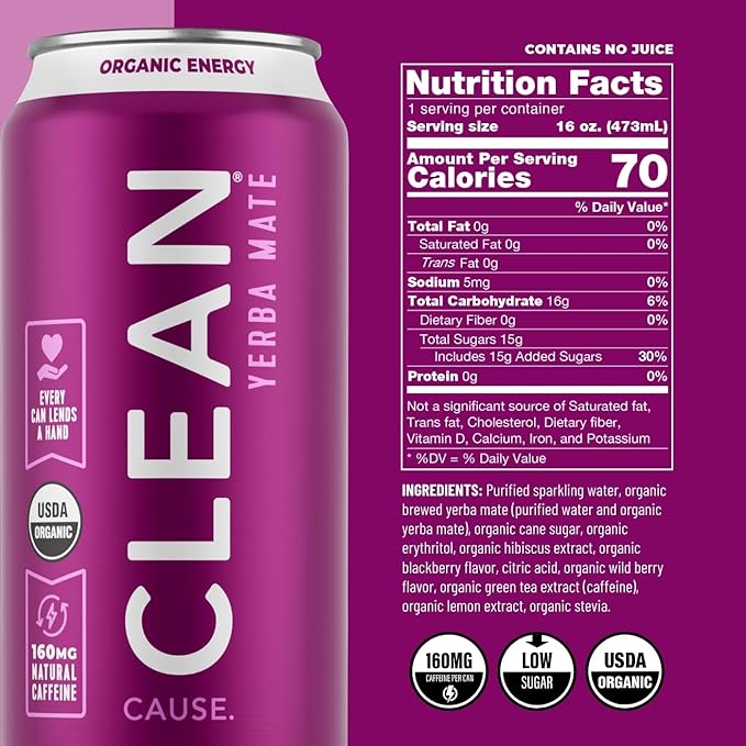 CLEAN Cause Low Calorie Variety Pack Yerba Mate Tea Sparkling USDA Organic Energy Drink Alternative Low Sugar 160mg Natural Caffeine Soda Alternative Plant-Based (16oz cans 12-Pack Case 4 Flavo