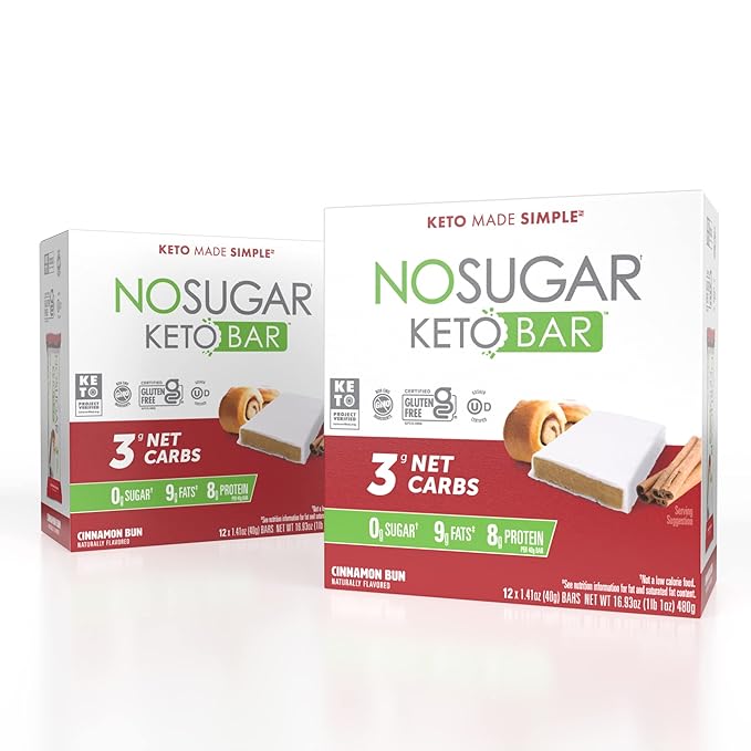 No Sugar Keto Bar Snack Cinnamon Bun 24 x 1.41oz Bars - Low Carb No Sugar Keto Snack Food with Keto Friendly Macros 3g Net Carb 9g Plant Based Protein 13g Healthy Fat Sugar Free (0g)