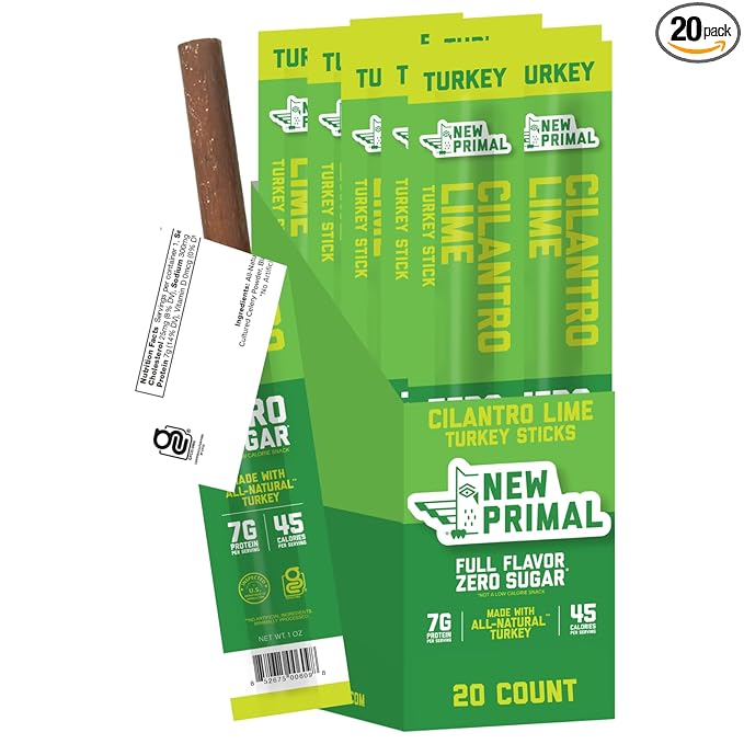 New Primal Cilantro Lime Turkey Sticks Keto Gluten Free Healthy Snacks for Adults Sugar Free Low Carb High Protein Paleo Whole30 Jerky Meat Stick 7g Protein 45 Calories 1oz (Pack of 20)