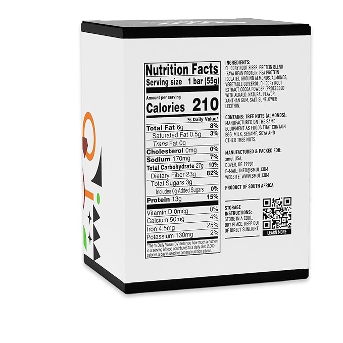 smul Plant Based Protein Bar – Cocoa Almond – 13g Protein Only 3g Sugar Gluten Free Non-GMO Vegan Dairy Free – High Fiber Snack to Satisfy and Sustain – 5 Pack