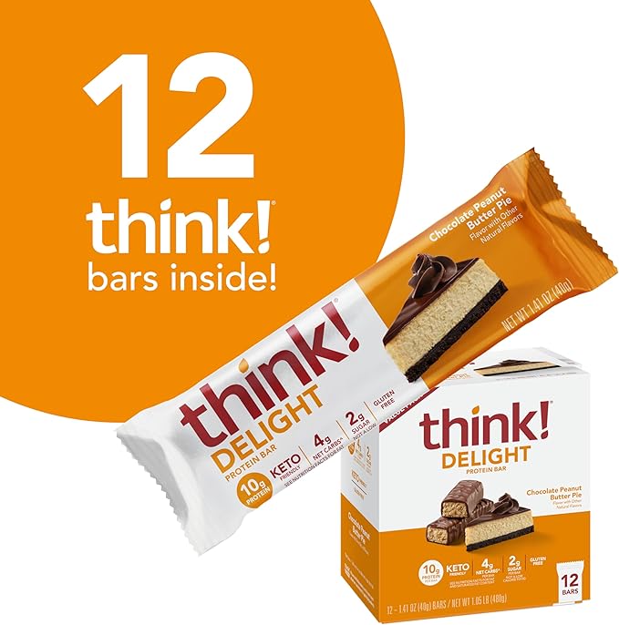 think! Delight Keto Protein Bars Healthy Low Carb Gluten Free Snack - Chocolate Peanut Butter Pie 12 Count (Packaging May Vary) (Pack of 2)