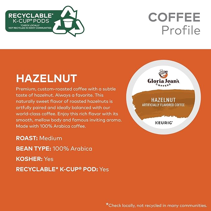 Gloria Jean's Hazelnut Keurig Single-Serve K-Cup Pods Medium Roast Coffee 60 Count (6 Packs of 10)
