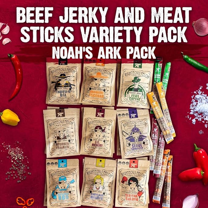 Righteous Felon Beef Jerky and Meat Sticks Variety Pack High Protein Low Carb Low Sugar Gluten Free Healthy Snacks for Adults and Kids Made with Premium Meats Gifts for Men (Noah's Ark 26 Pack)