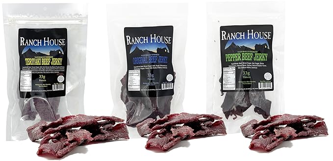 Ranch House Beef Jerky Sampler Pack Original Peppered &amp Teriyaki Jerky - Whole-Muscle Montana Meat Strips 9.9 Oz Total (3.3oz ea)