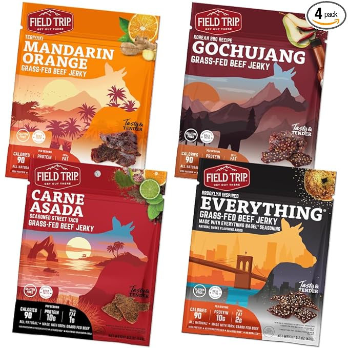 Field Trip Grass Fed Beef Jerky Variety Pack Healthy Gluten Free Snacks All Natural Paleo-Friendly Meat Snacks with No Nitrates Low Carb High Protein Snacks 2.2oz Bag 4 Pack