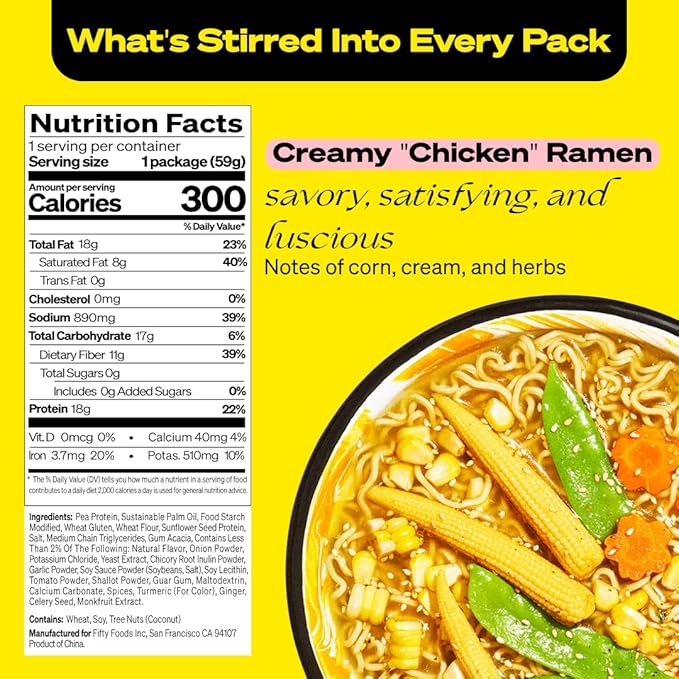 immi Creamy 'Chicken' Ramen Cup Noodles - 18g Plant-Based Protein 8g Net Carbs Keto Friendly High Protein High Fiber Ready to Eat 6 Pack