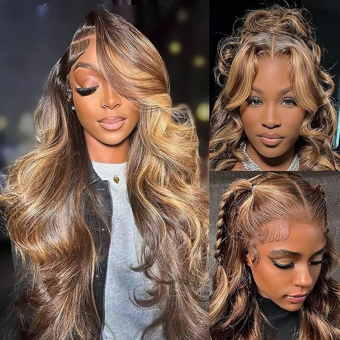 32 Inch Highlight Ombre Lace Front Wig Human Hair 13X4 HD Honey Blonde Wig Human Hair 4/27 Colored Body Wave Lace Frontal Wigs Human Hair Glueless Pre Plucked Wigs With Baby hair