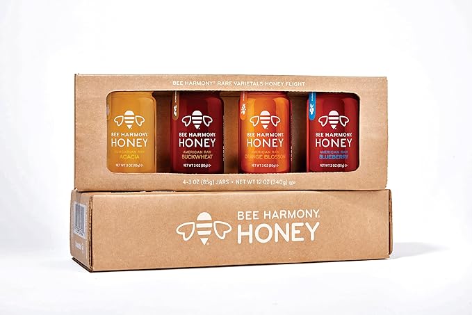 Bee Harmony Rare Varietals Honey Flight Mini Honey Gift Set 4 Jars 3 OZ Each Premium Raw (Acacia Buckwheat Blueberry Blossom Orange Blossom)