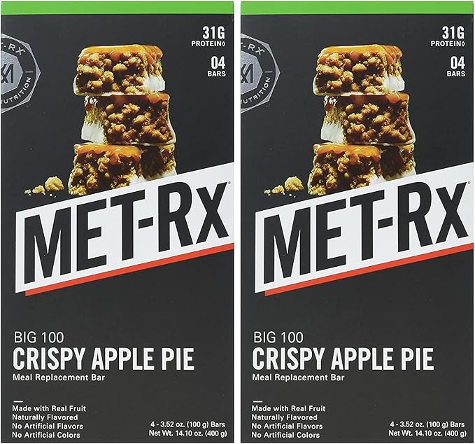 MET-Rx Big 100 Protein Bar Meal Replacement 30G Protein Gluten Free Crispy Apple Pie 3.52 oz. ea 8 Count (Packaging May Vary)