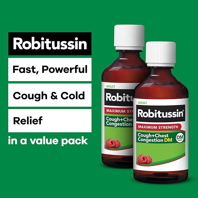 Robitussin Adult Maximum Strength Cough Plus Chest Congestion DM Max Cough Suppressant and Expectorant Raspberry Flavor 8 Fl Oz x 2
