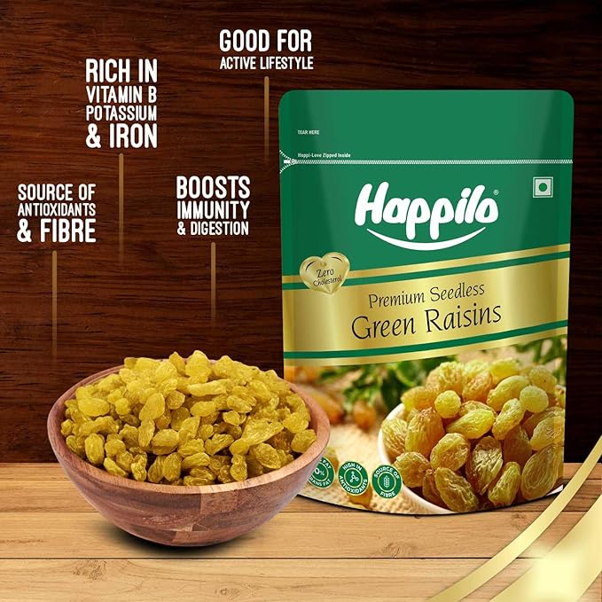 Happilo Premium Seedless Green Raisins 500G Value Pack Kishmish Nutritious Rich In Iron &amp Vitamin B 500 G (Pack Of 1) Raisins