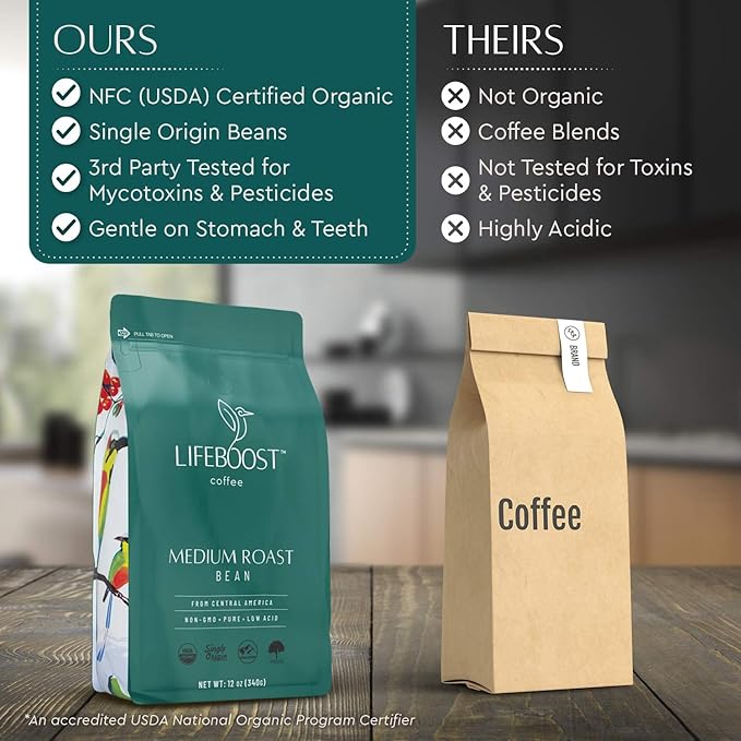 Lifeboost Organic Coffee Beans Medium Roast - Low Acid Single Origin Non-GMO Organic Whole Bean Coffee - Third Party Tested For Mycotoxins &amp Pesticides - 12 Ounces