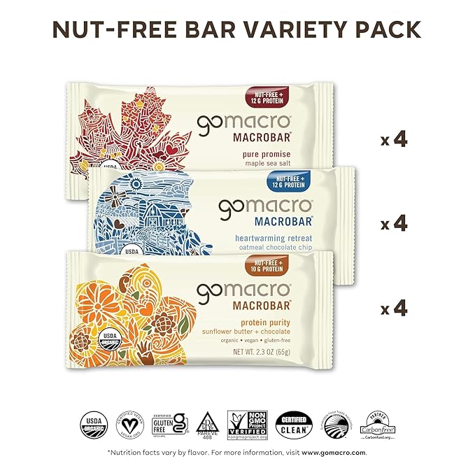 GoMacro MacroBar Organic Vegan Protein Bars Nut Free Variety Pack 2.3 Oz 12 Count