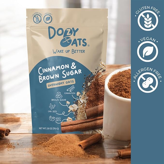 Dozy Oats Overnight Oatmeal Packets Cinnamon and Brown Sugar Multipack with Rolled Oats and Chia Seeds. Gluten-Free Natural Source of Protein and Fiber 12-Pack